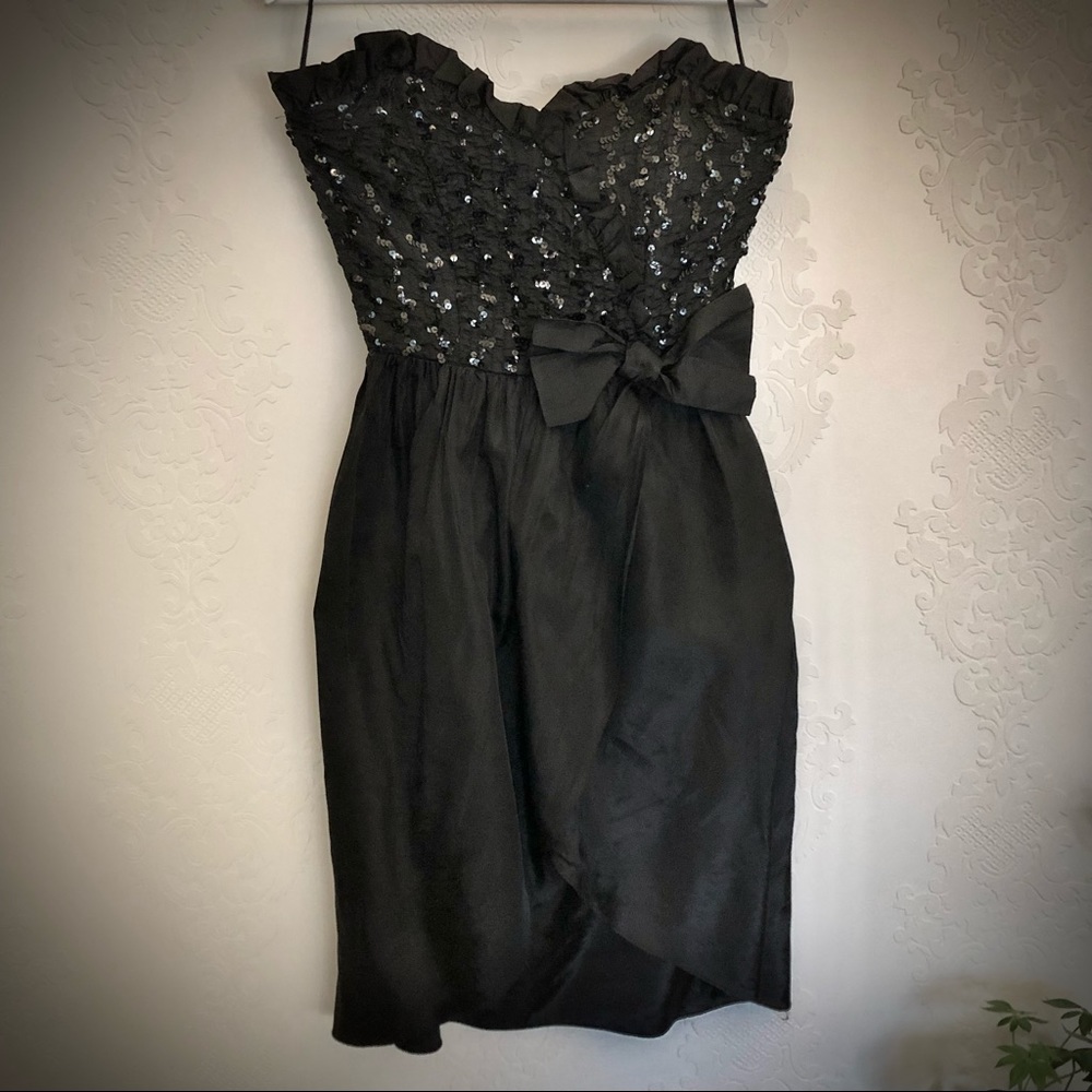 Vintage 1980’s Party Dress Size 13 Black with Sequins, Tulip Hem and Side Bow